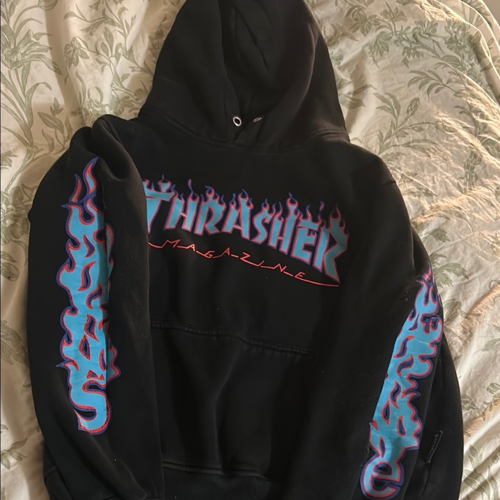 Thrasher Black Hoodie with Blue Flames
